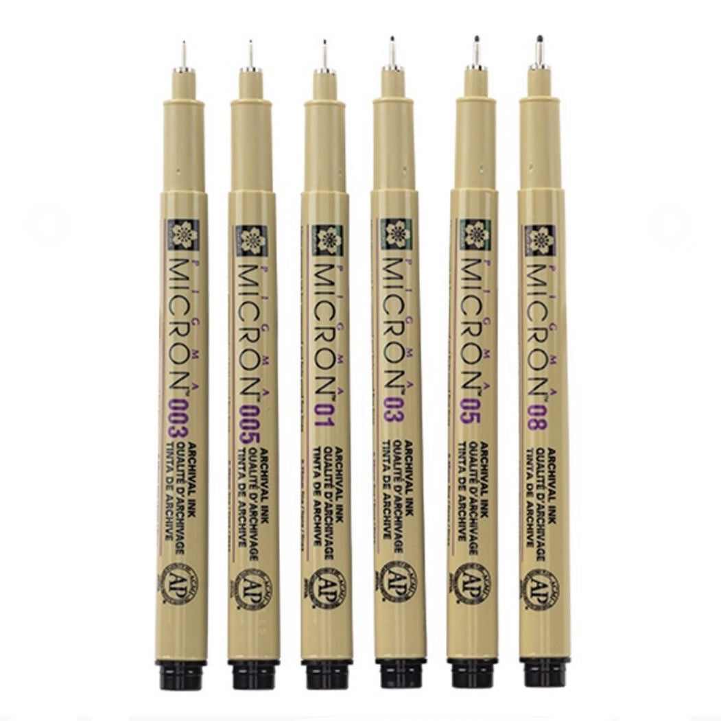 Set 6 tiralineas Pigma Micron tonos Negros, Distintos grosores - Sakura