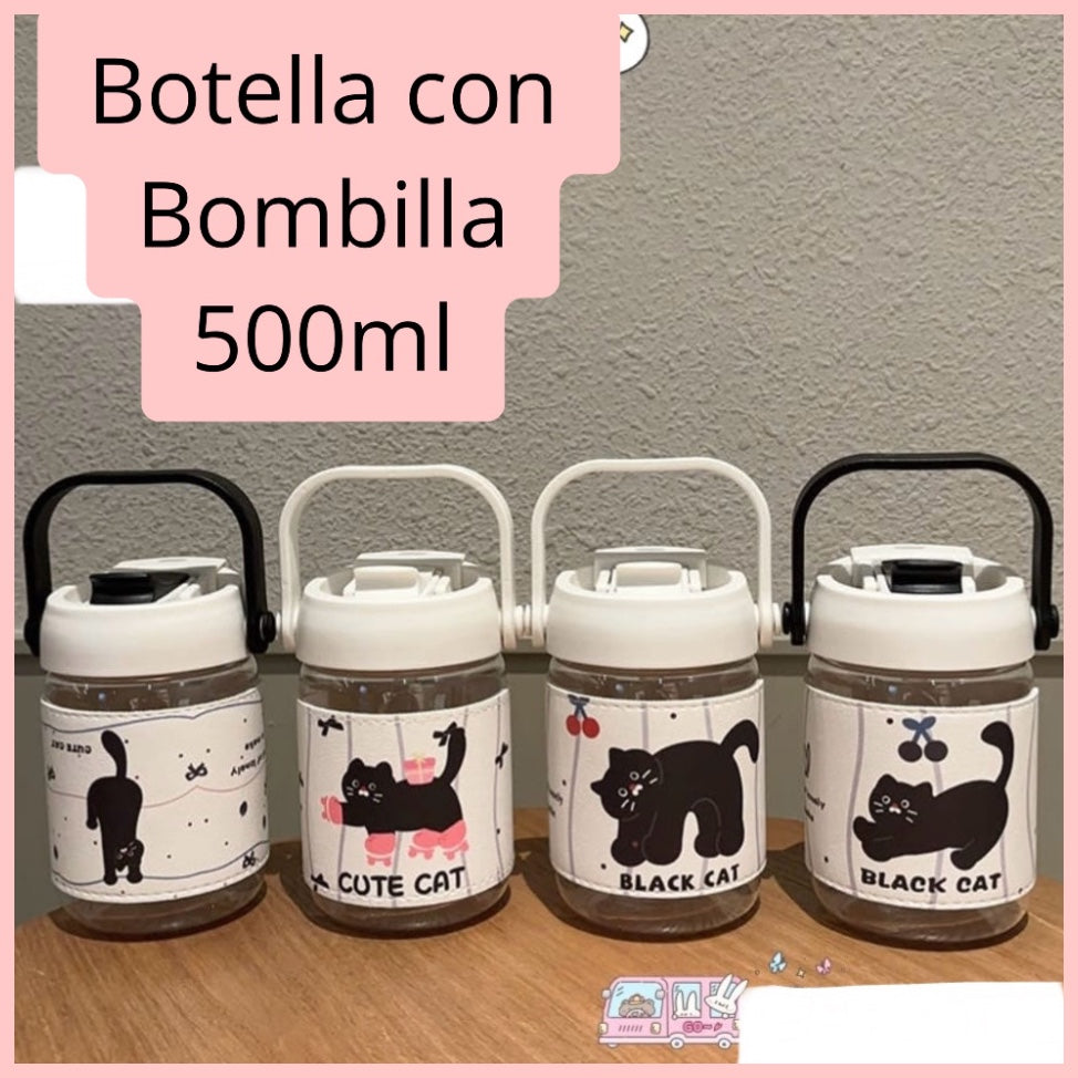 Botella con Bombilla “Gatito”. Material Plástico Libre de BPA. 500ml