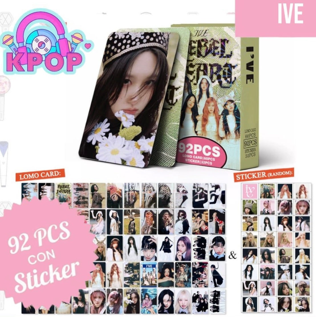 Set 92 PCS “IVE”. 60 Photocards + 32 Mini Stickers.