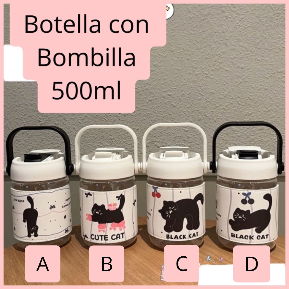 Botella con Bombilla “Gatito”. Material Plástico Libre de BPA. 500ml
