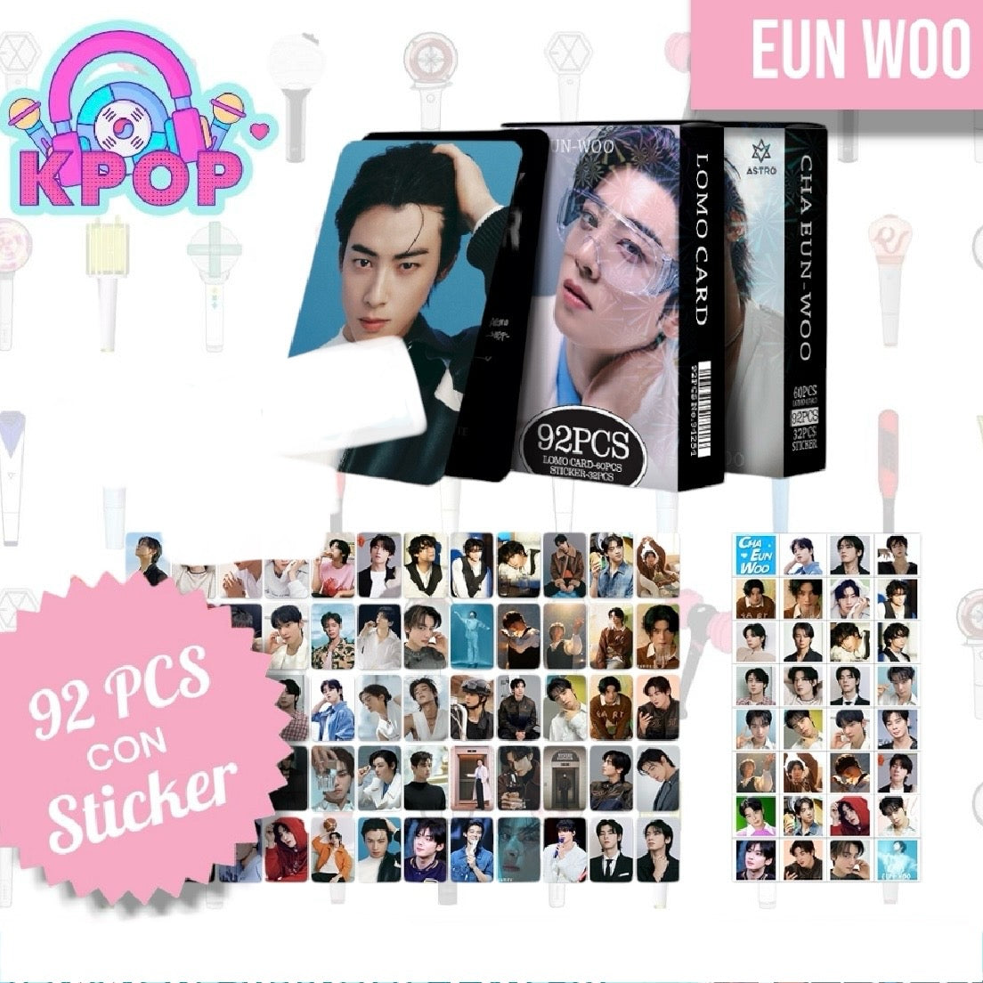 Set 92 PCS “CHA EUN WOO”. 60 Photocards + 32 Stickers.