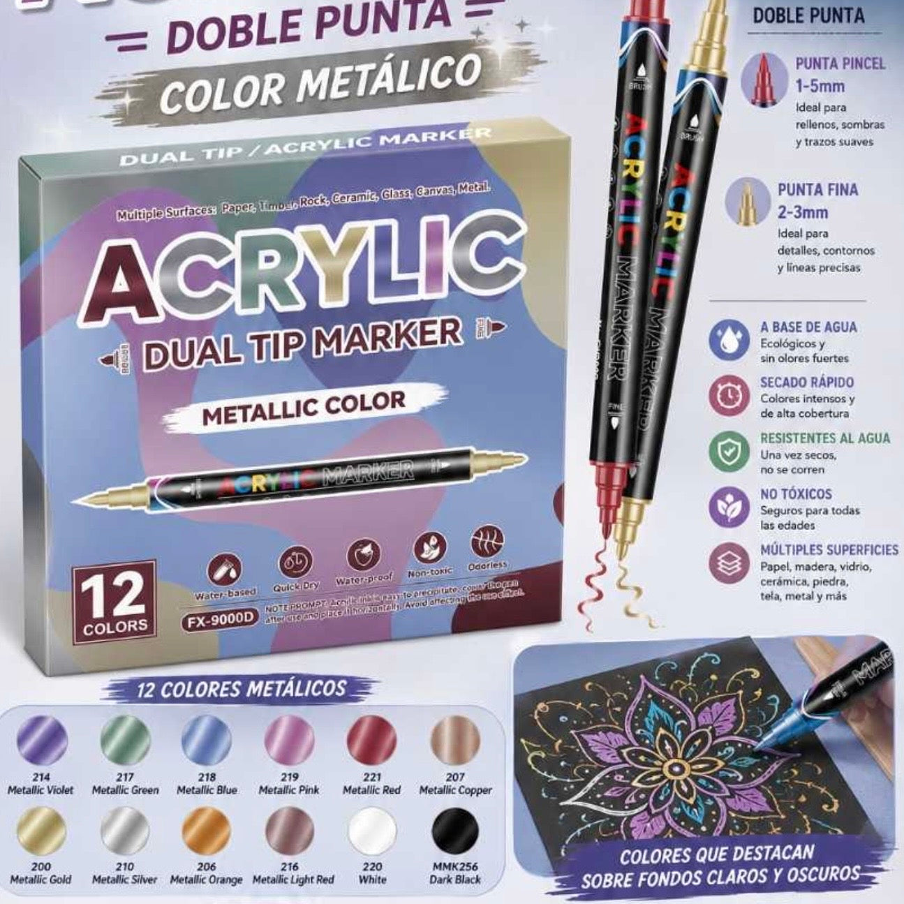 Set 12 Marcadores Acrílicos. Metalizados