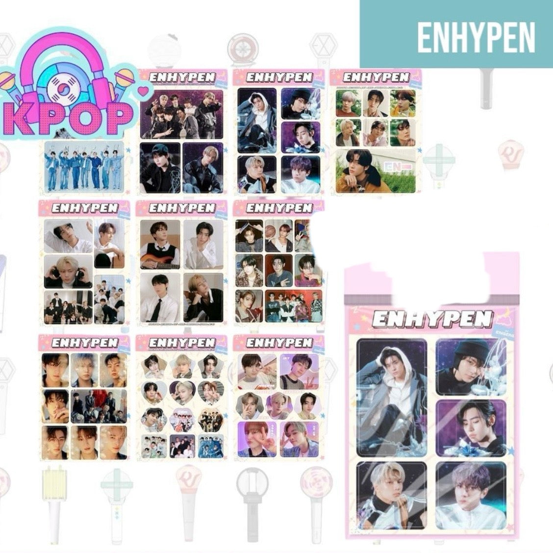 Set 10 Láminas de stickers “ENHYPEN”. 15x11Cms