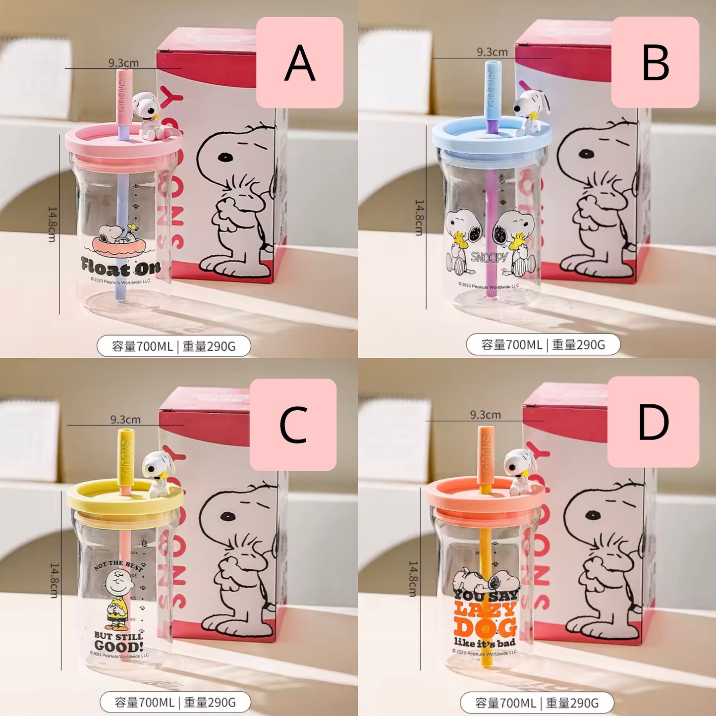 Vaso Vidrio Templado “Snoopy”. Apto para líquidos calientes y fríos. 700ml