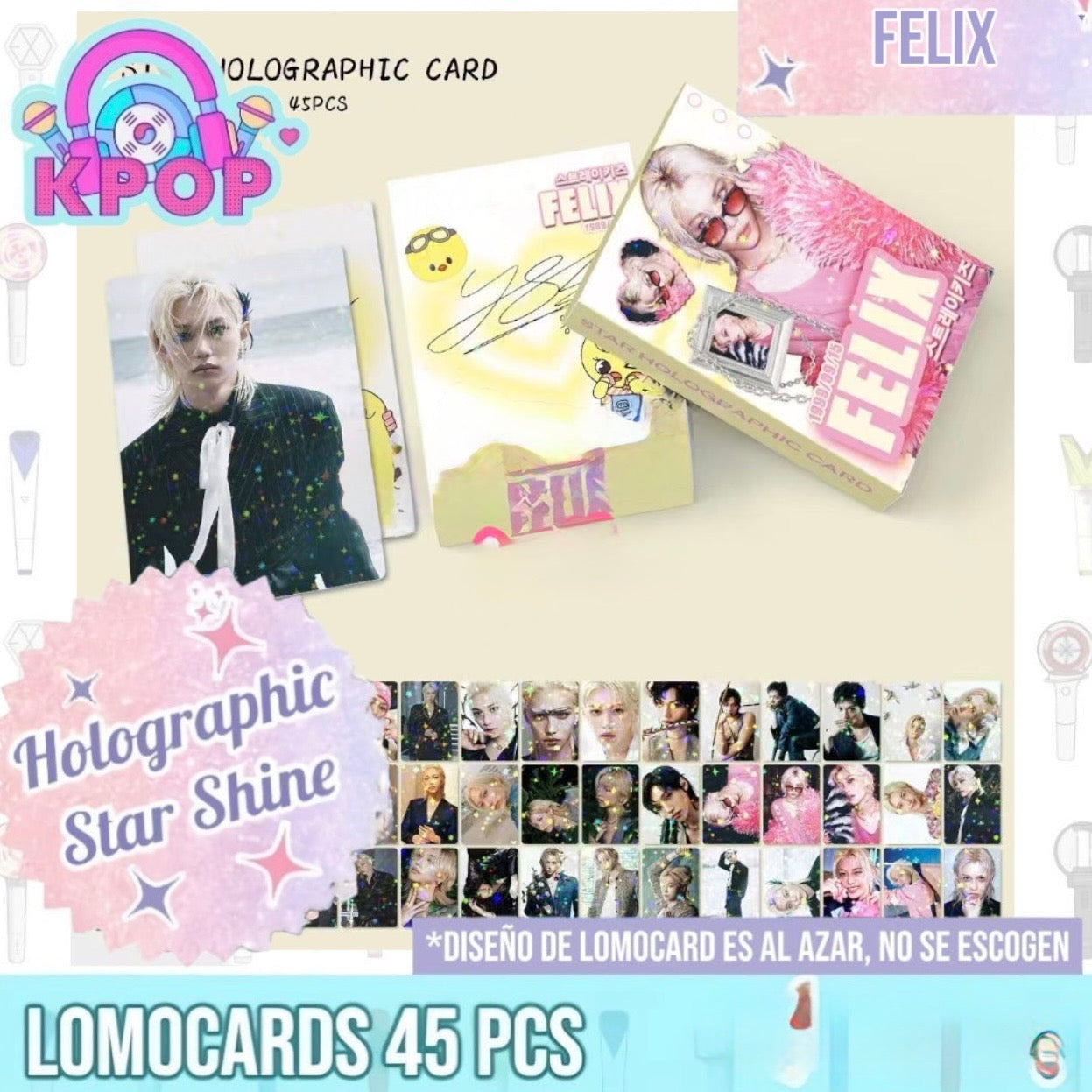 Set 45 Photocards Holographic Shine “Félix Straykids”.