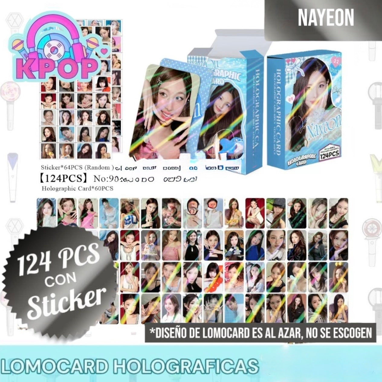 Set 124 PCS “Nayeon Twice”. 64 Photocards + 60 Mini Stickers.