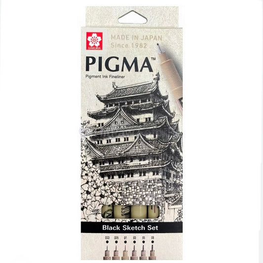 Set 6 tiralineas Pigma Micron tonos Negros, Distintos grosores - Sakura