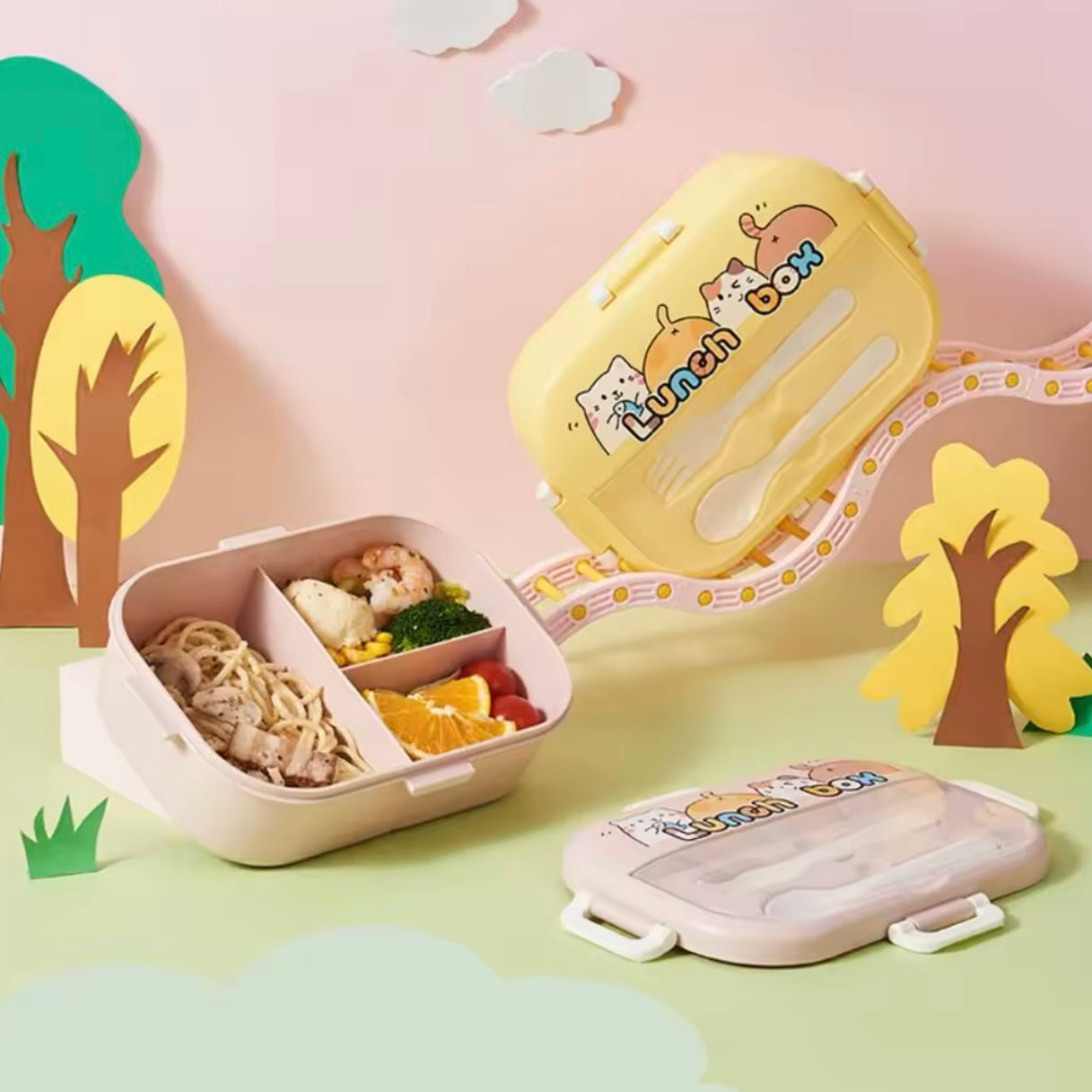 Lunch Box + cubiertos “Gatitos”. 22x15x7cms