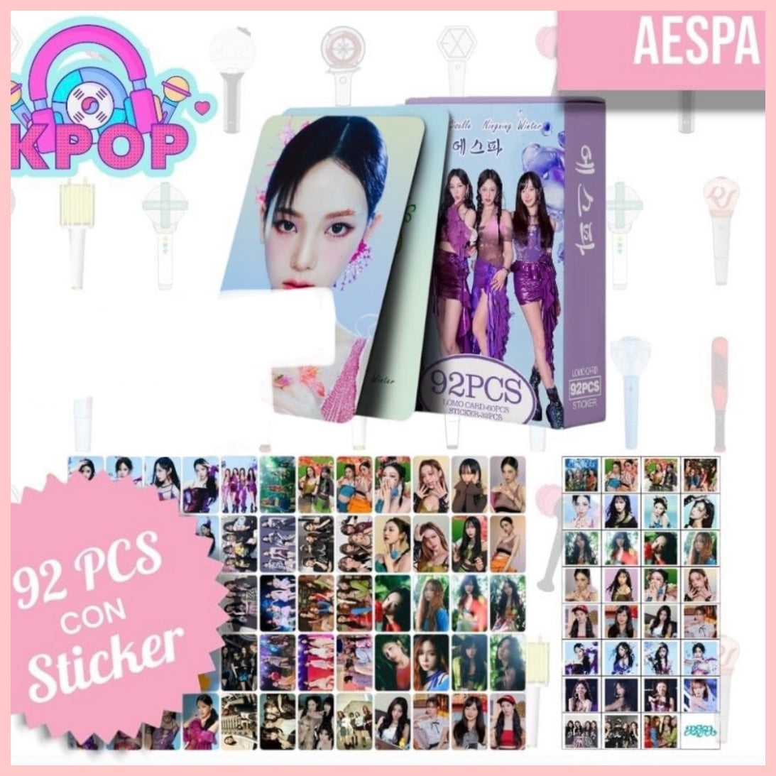 Set 92 PCS “AESPA”. 60 Photocards + 32 Mini Stickers.