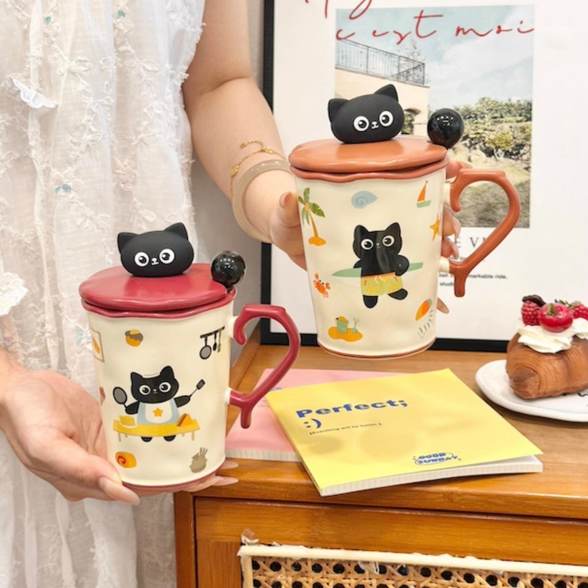 Taza + Tapa + Cuchara “Gato Negro”