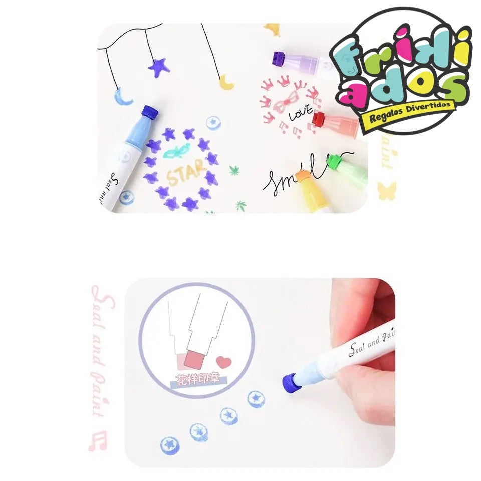 Set 6 Marcadores Dobles (Timbre y Punta Pincel).