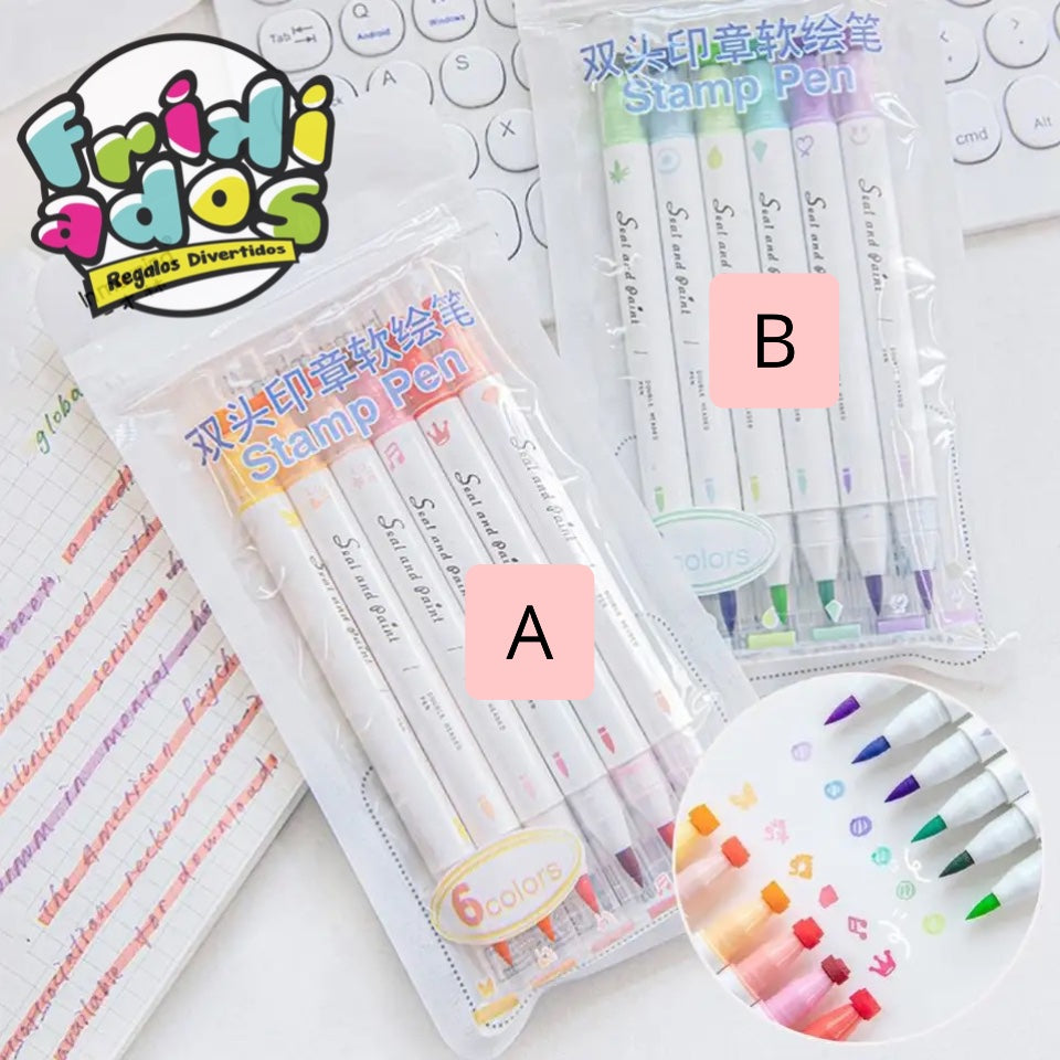 Set 6 Marcadores Dobles (Timbre y Punta Pincel).