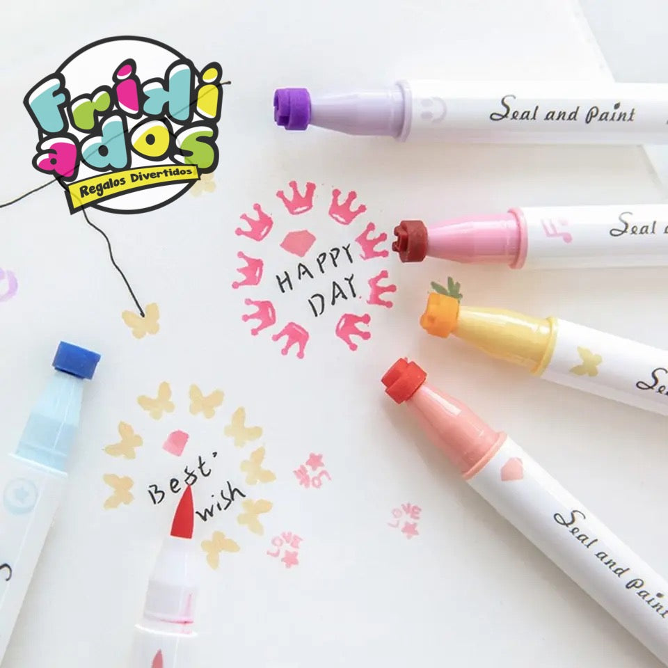 Set 6 Marcadores Dobles (Timbre y Punta Pincel).