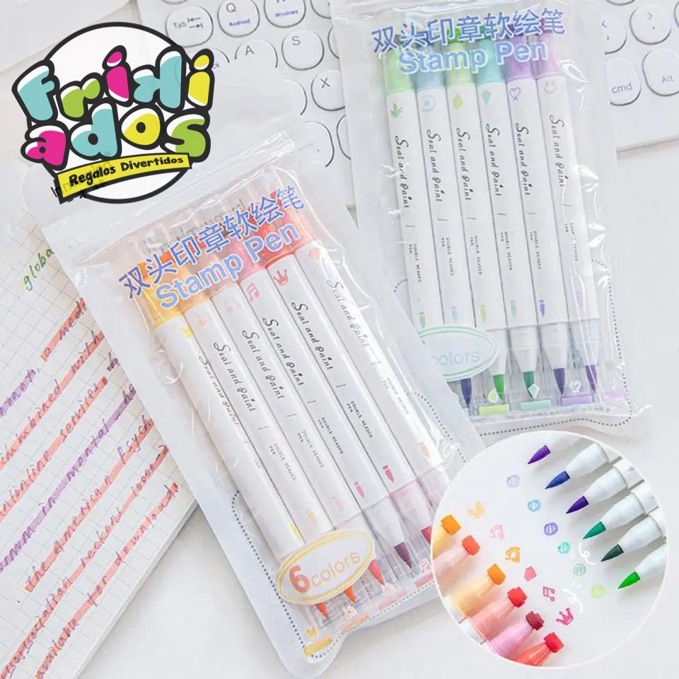 Set 6 Marcadores Dobles (Timbre y Punta Pincel).