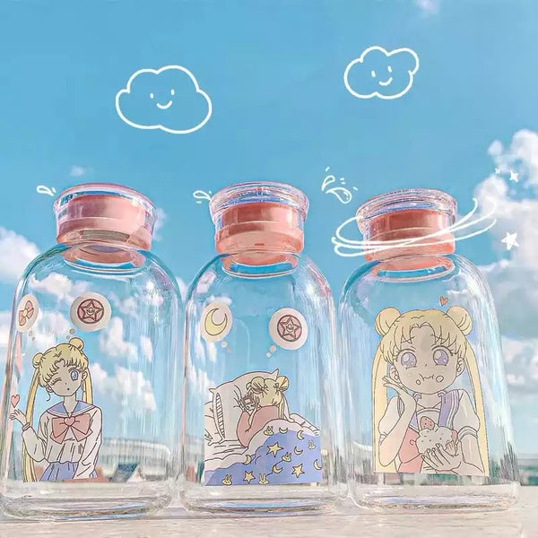 Botella de vidrio templado (frío o caliente) “Sailor Moon”, doble tapa + bombilla, 500ml