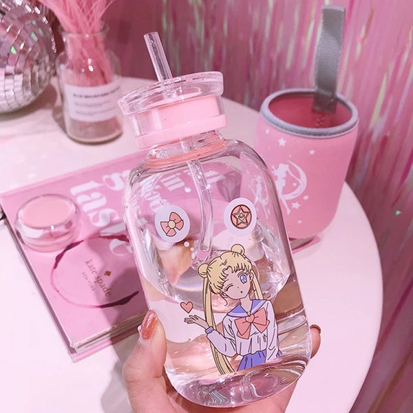 Botella de vidrio templado (frío o caliente) “Sailor Moon”, doble tapa + bombilla, 500ml