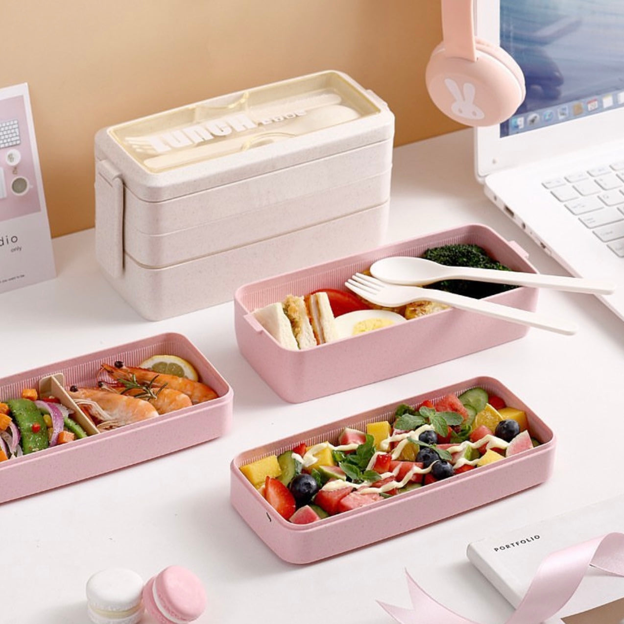 Lunch Box + tenedor y cuchara, apto para microondas, 2 y 3 niveles