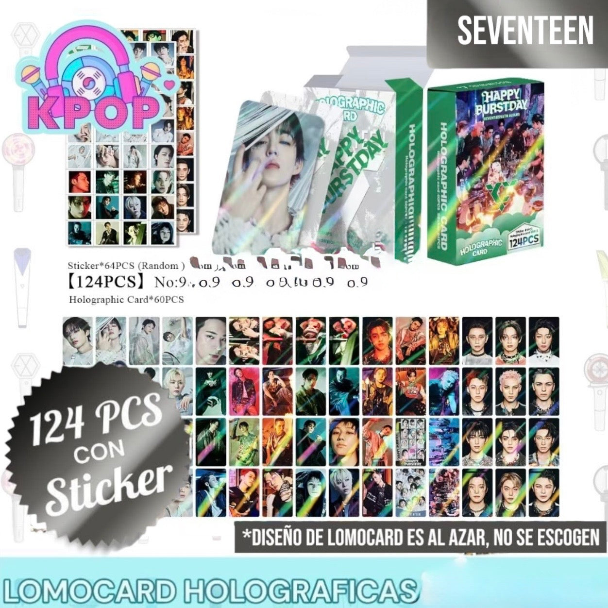 Set 124 PCS “SEVENTEEN”. 64 Photocards + 60 Mini Stickers.