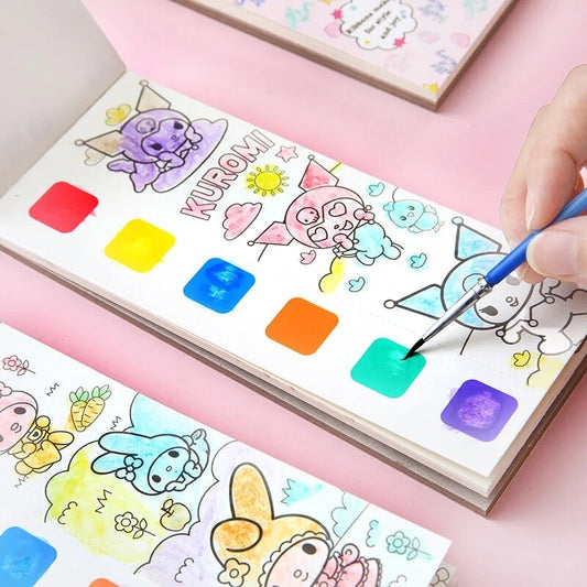 4 Láminas para pintar + acuarela + Pincel. “Sanrio”.