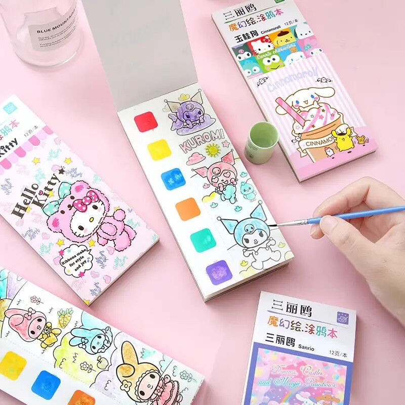 4 Láminas para pintar + acuarela + Pincel. “Sanrio”.