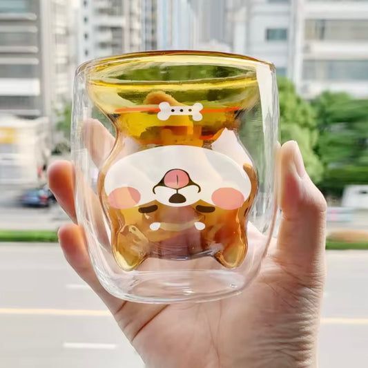 Vaso Doble Vidrio “Shiba Inu”. Resistencia Altas Temperatura, 300ml.