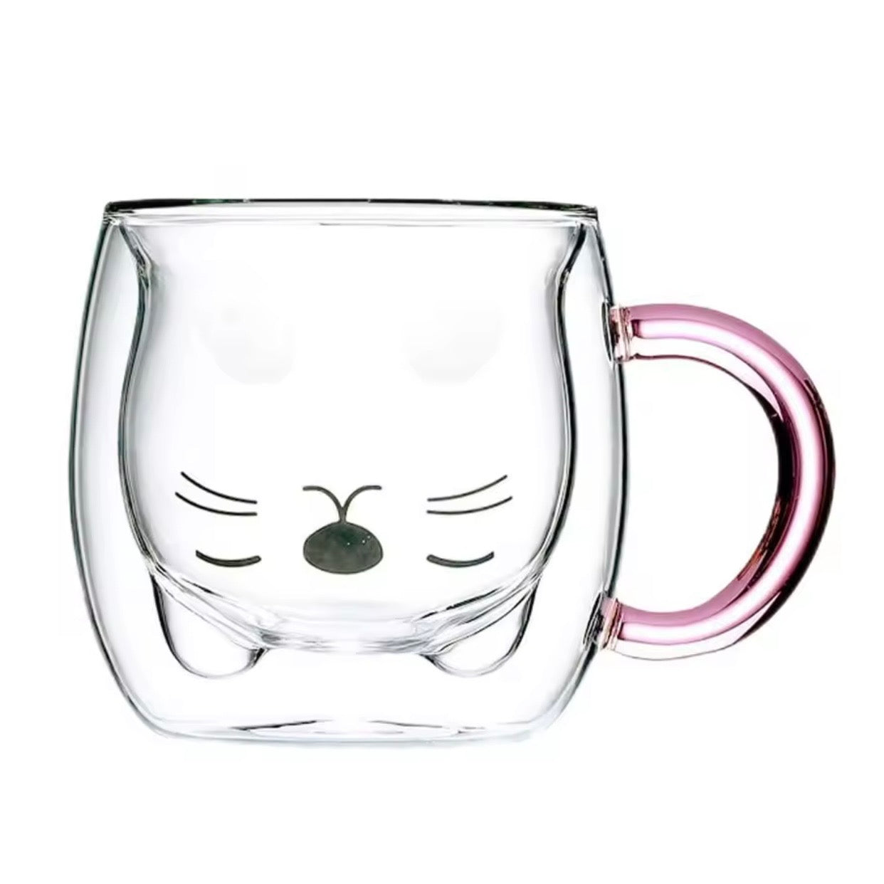 Taza Doble Vidrio “Gatito Rosa”. Resistencia Altas Temperatura, 300ml.