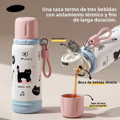 Termo Boquilla y Bombilla “Gatitos”. 550ml