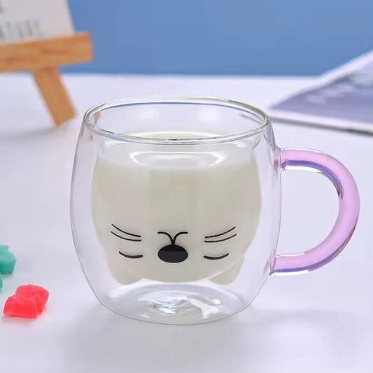 Taza Doble Vidrio “Gatito Rosa”. Resistencia Altas Temperatura, 300ml.