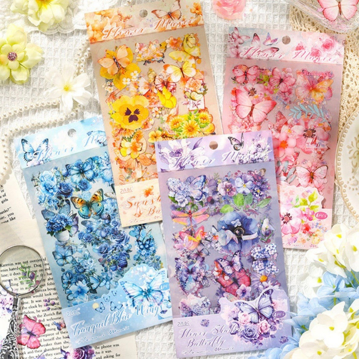 Set 4 Láminas de Stickers “Flores y Mariposas”