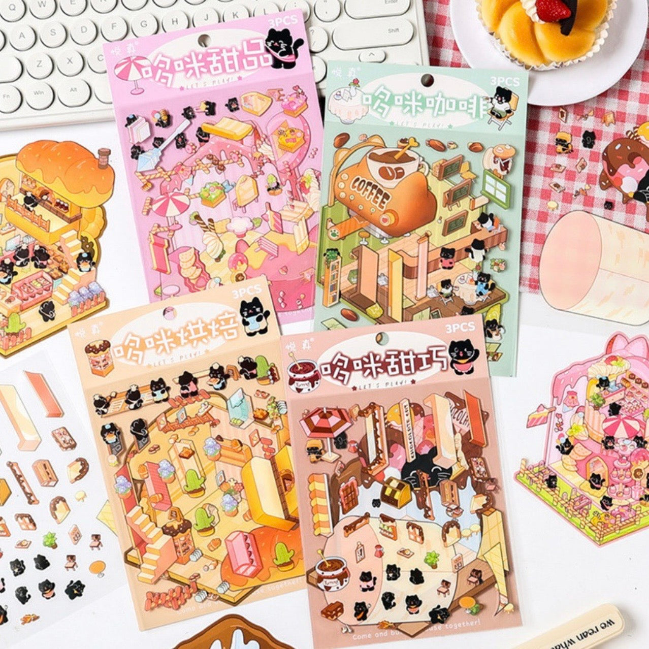 Sticker para armar casitas y Escenarios “Gatitos”