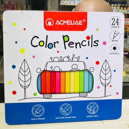 Set 24 lápices a palo, distintos colores. Caja Metálica