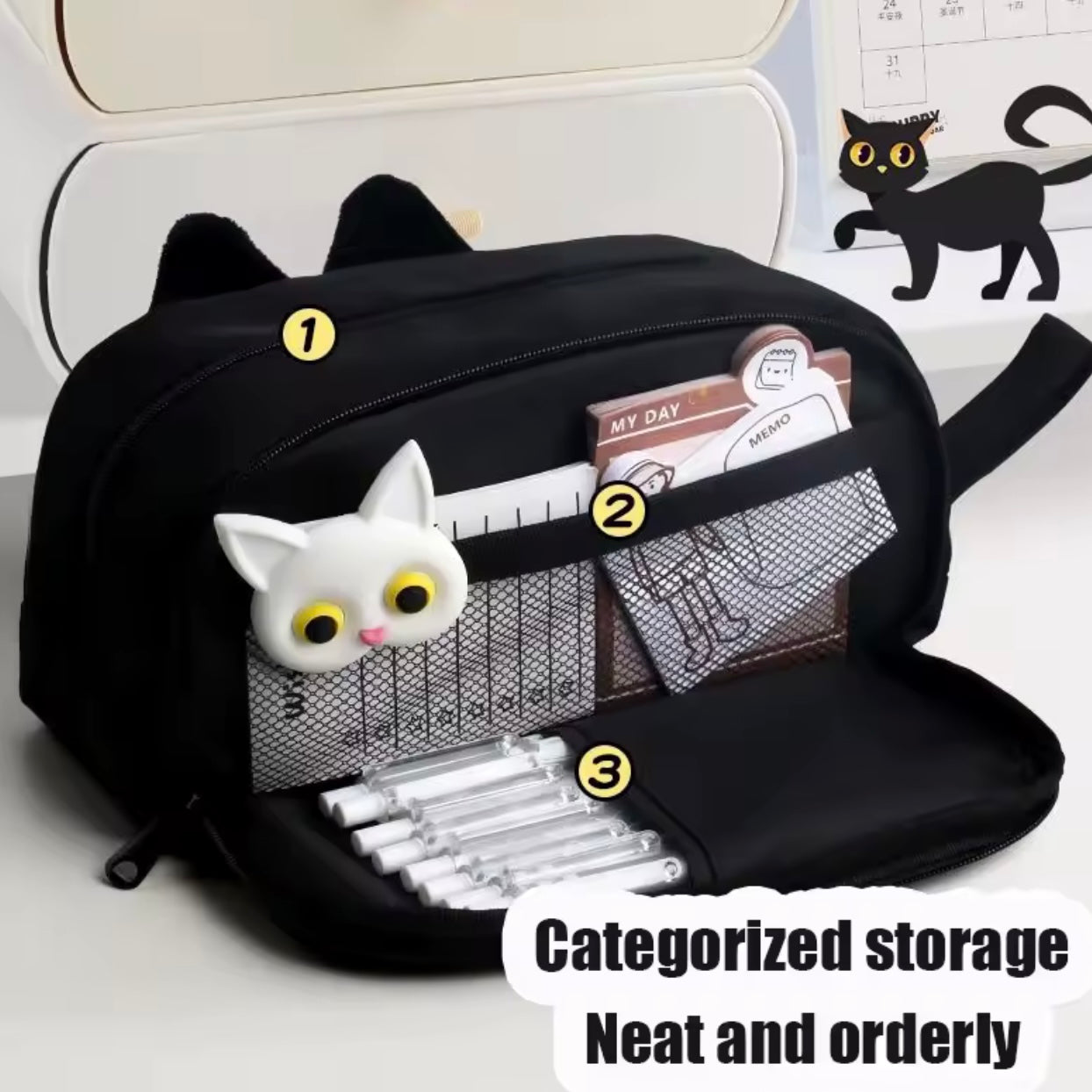 Estuche Multi-Bolsillos “Gatito Negro”. 22x11x9cms