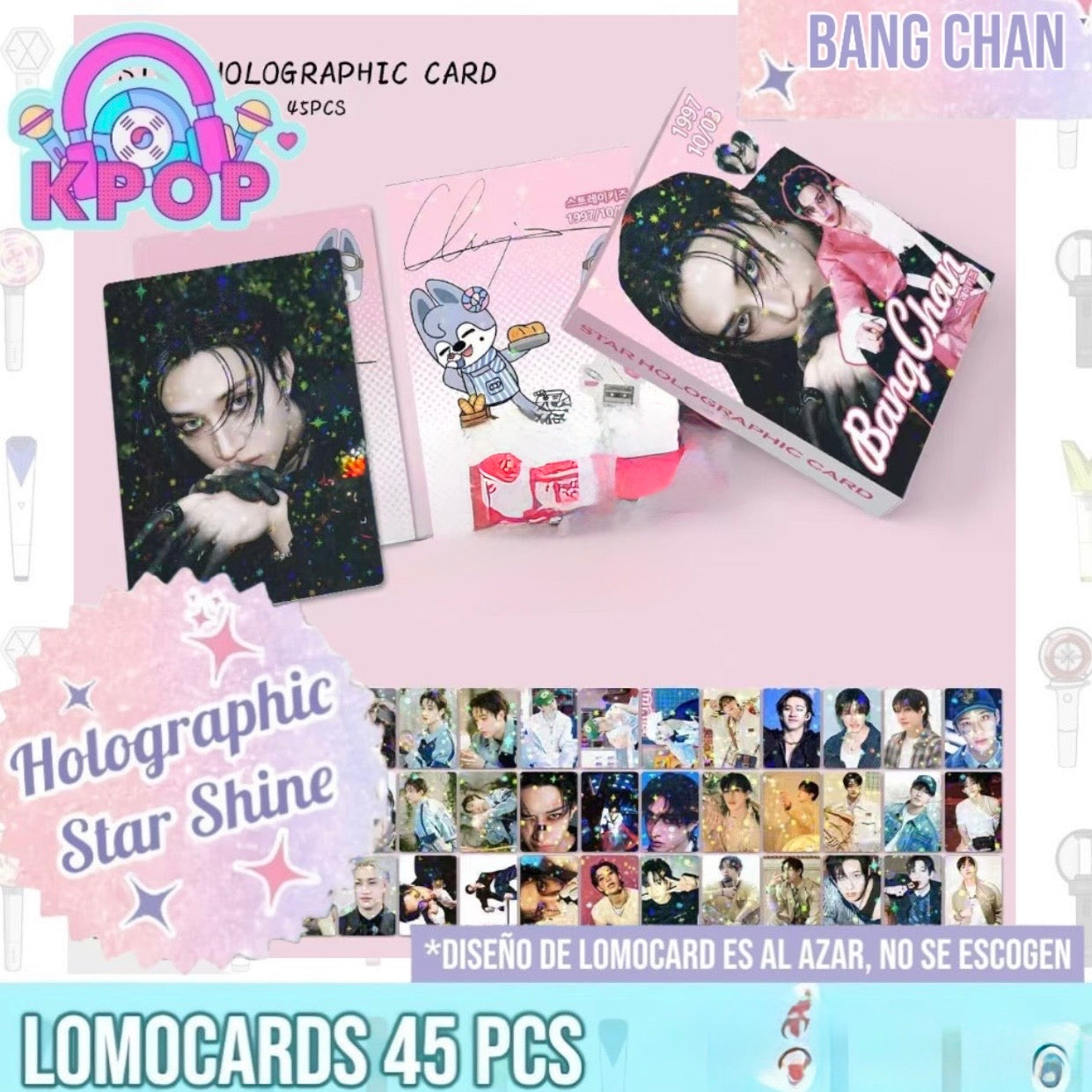 Set 45 Photocards Holographic Shine “BangChan Straykids”.