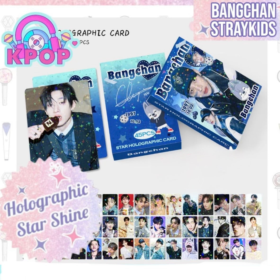 Set 45 Photocards Holographic Shine “BangChan Straykids”.