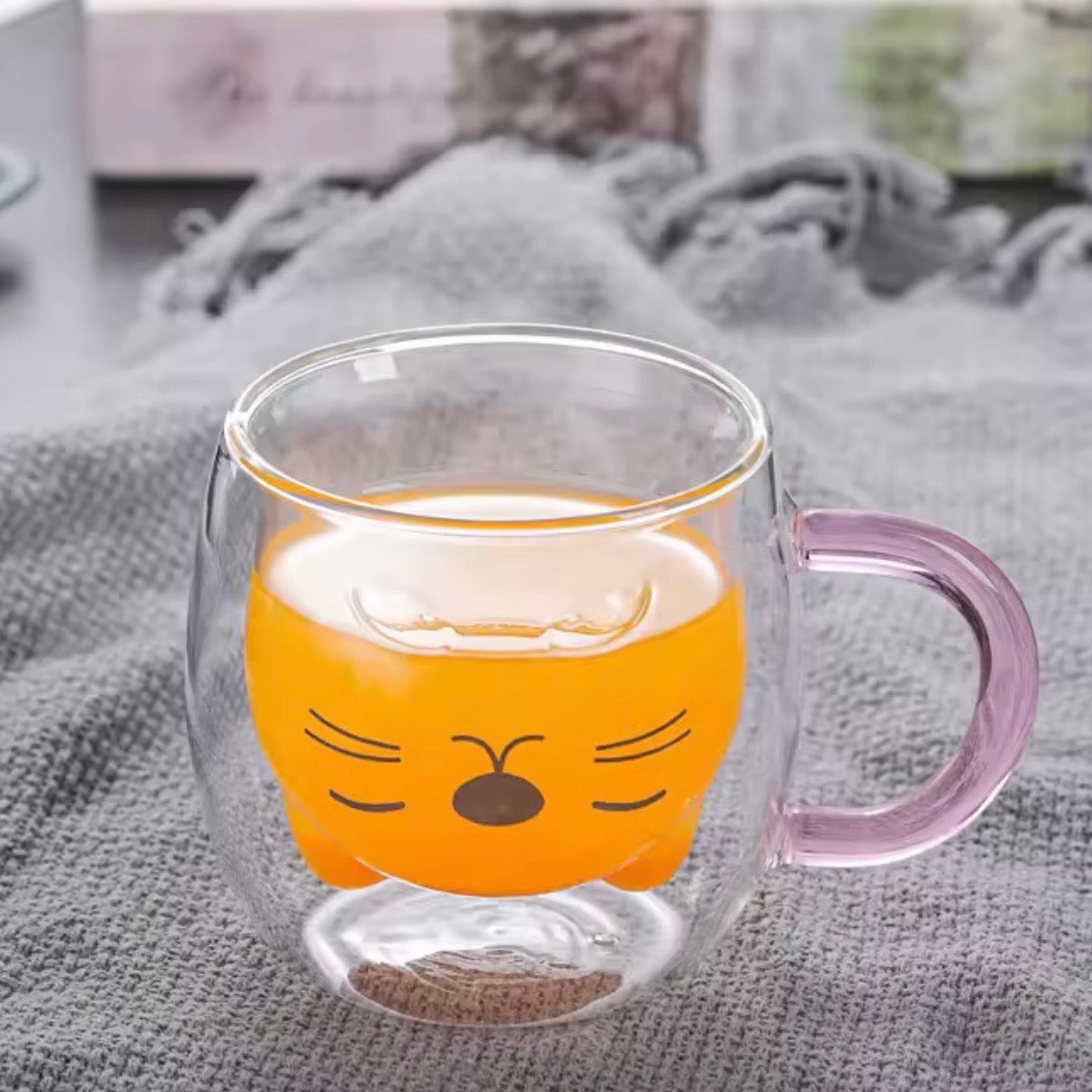 Taza Doble Vidrio “Gatito Rosa”. Resistencia Altas Temperatura, 300ml.