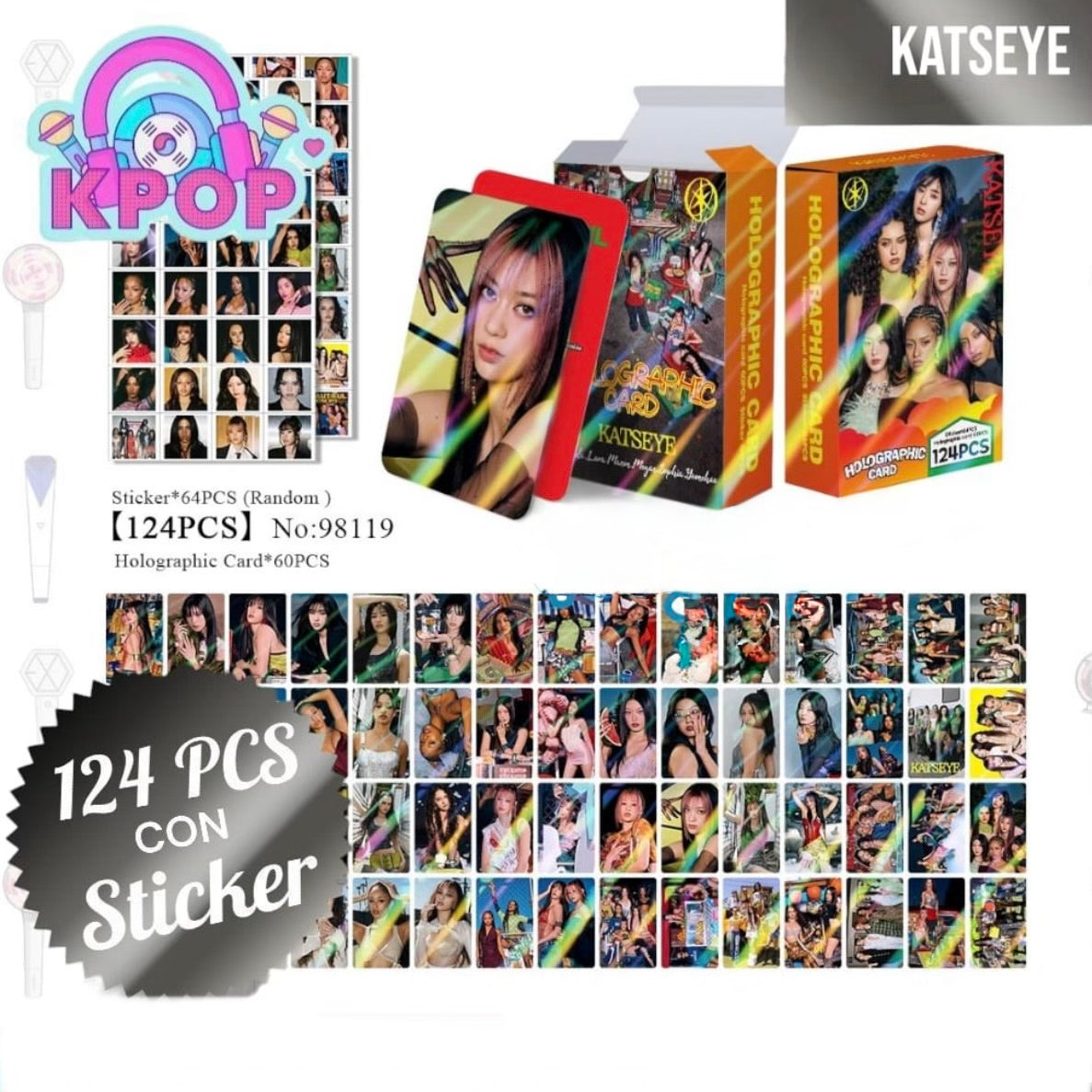 Set 124 PCS “KATSEYE”. 64 Photocards + 60 Mini Stickers.