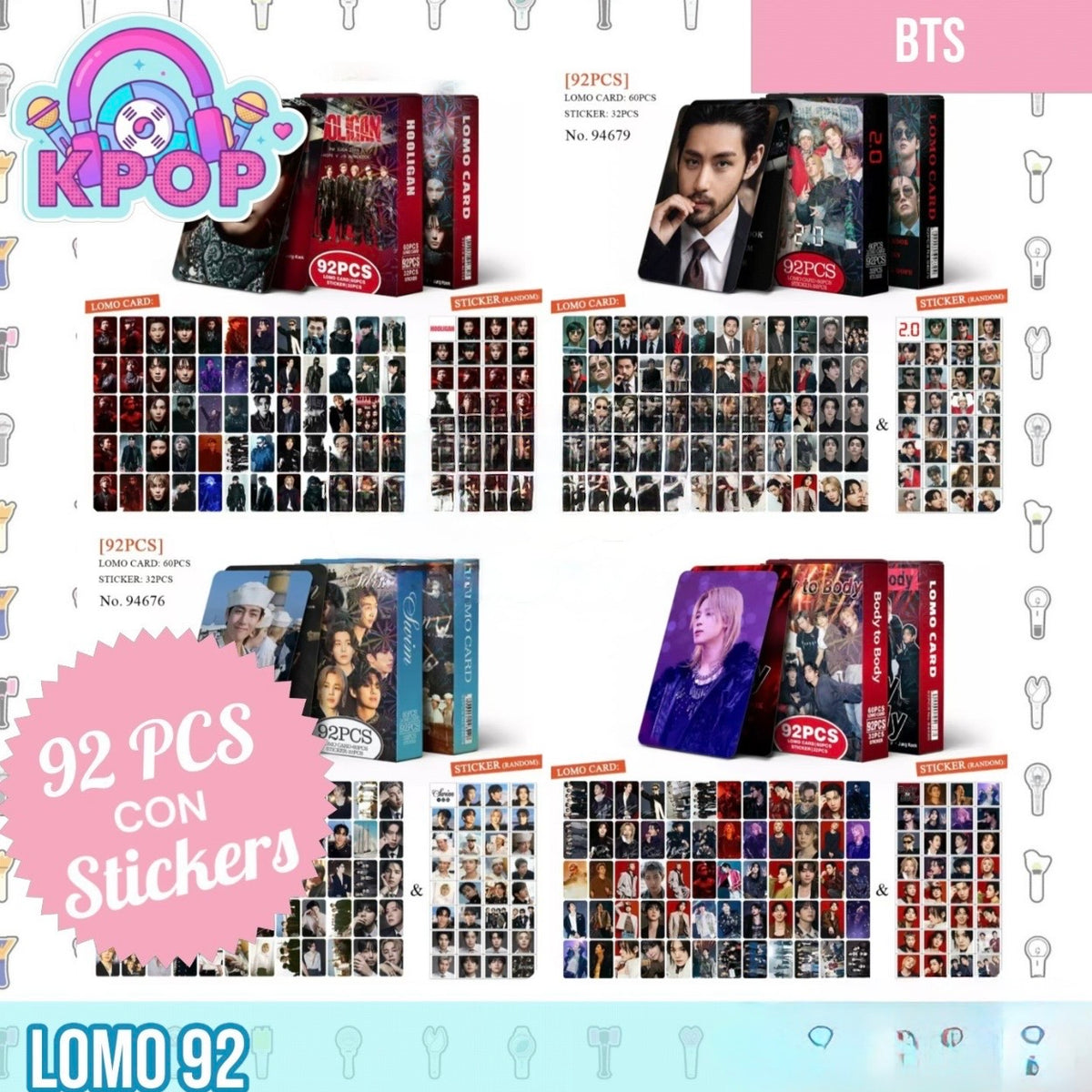 Set 92 PCS “BTS”. 60 Photocards + 32 Mini Stickers.