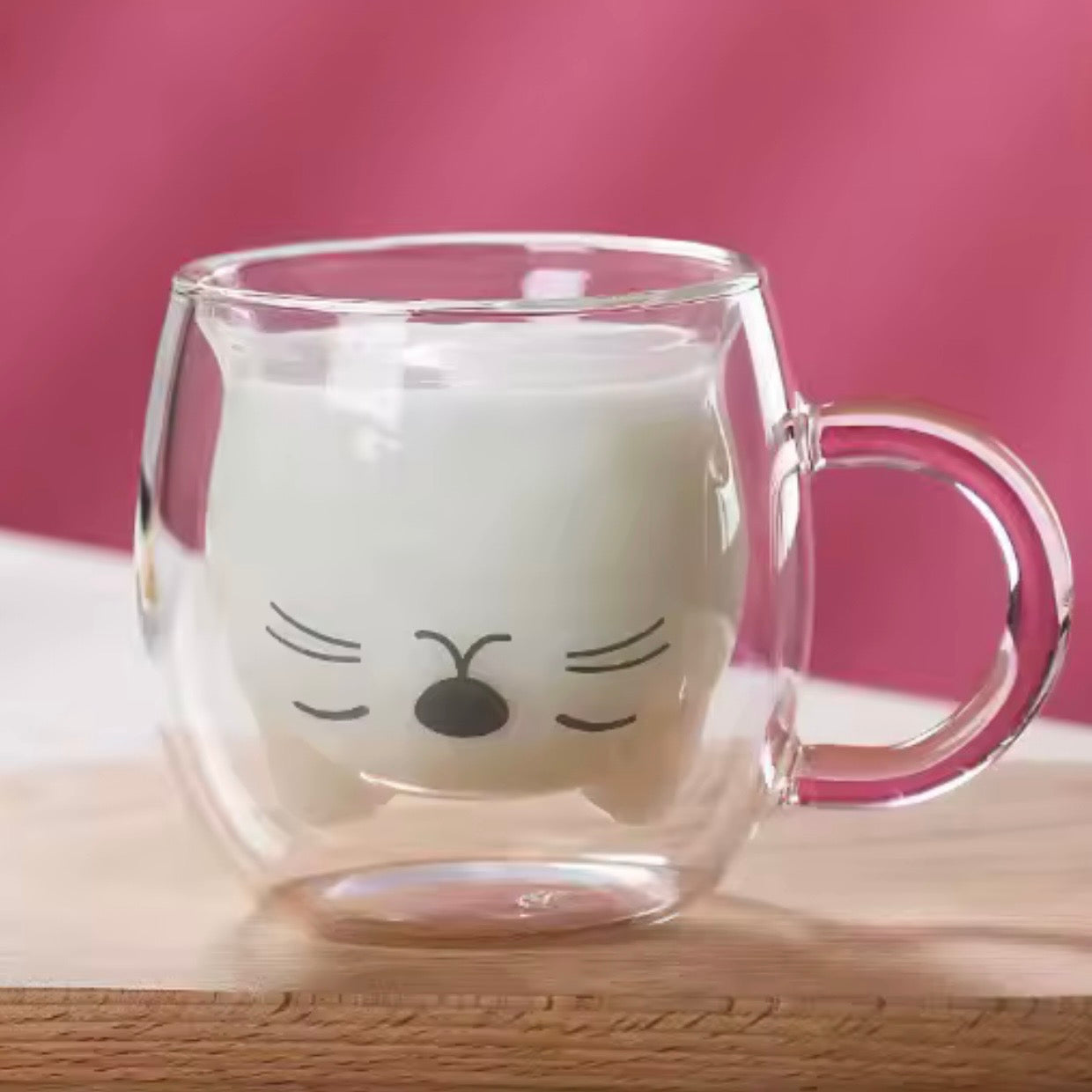 Taza Doble Vidrio “Gatito Rosa”. Resistencia Altas Temperatura, 300ml.