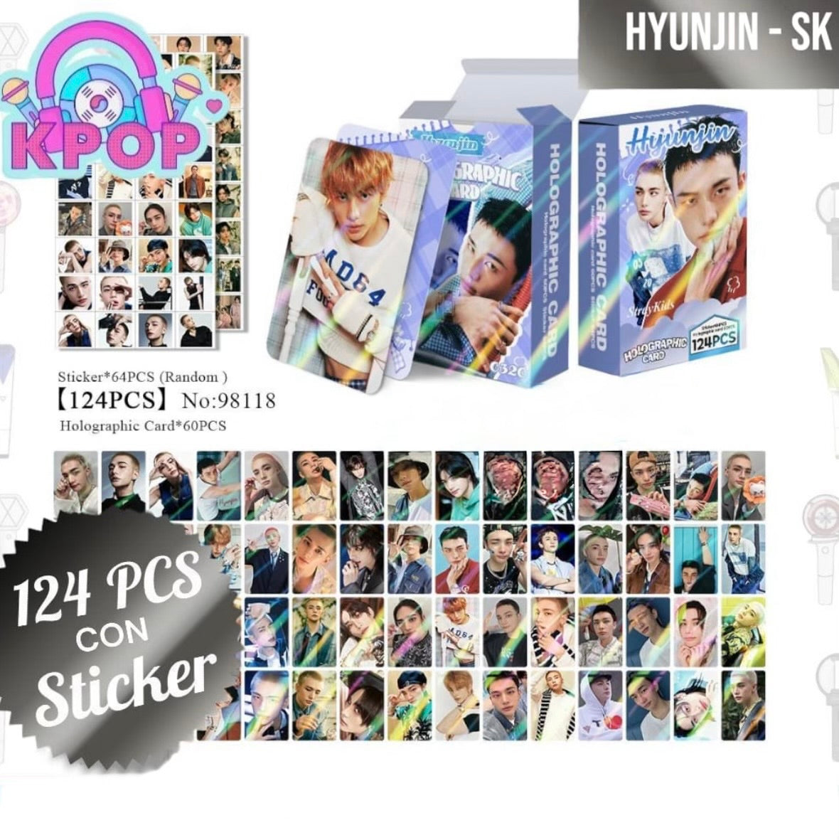 Set 124 PCS “Hyunjin Straykids”. 64 Photocards + 60 Mini Stickers.