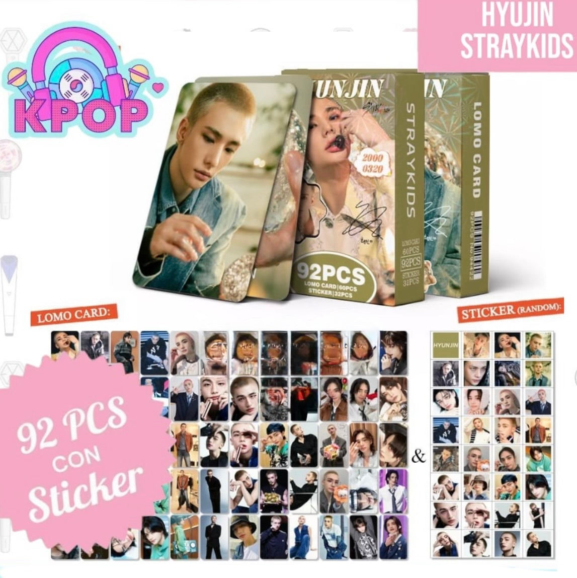 Set 92 PCS “Hyunjin Straykids”. 60 Photocards + 32 Mini Stickers.