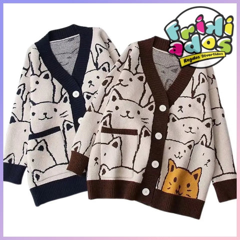 Sweater con Botones y Bolsillo Frontal “Gatitos”