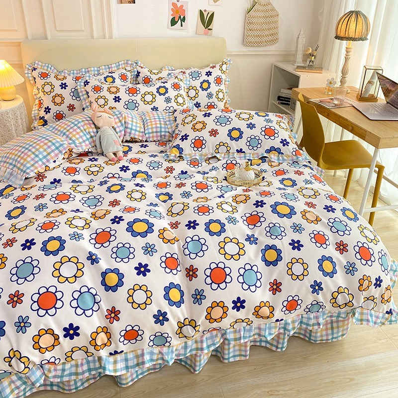 Funda cubre plumón + sabana Larga + 2 cubre almohada “Girasoles”. Microfibra, solo 2 Plazas