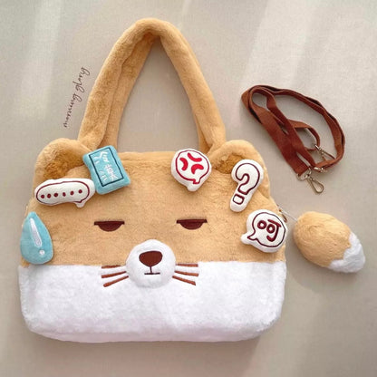 Bolso Felpudo + 2 pins + llavero colita, 35x29x7cms