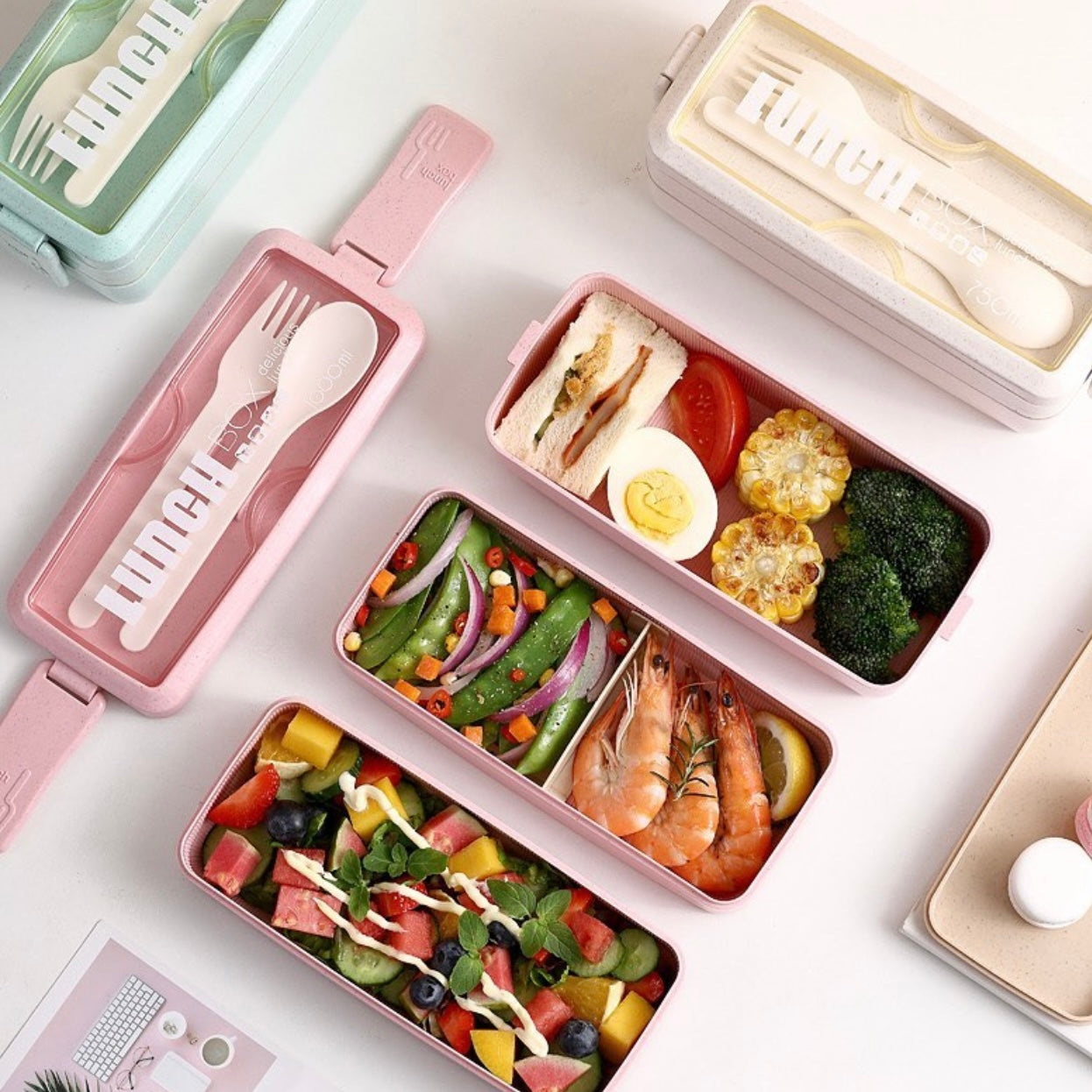 Lunch Box + tenedor y cuchara, apto para microondas, 2 y 3 niveles
