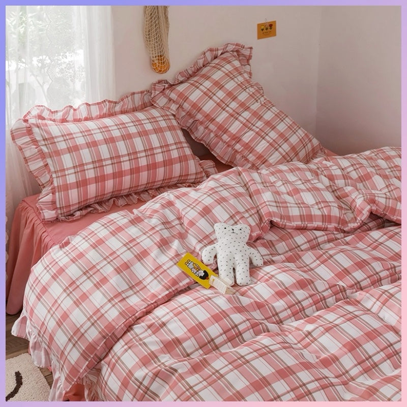 Funda cubre plumón + sabana + cubre almohada “Cuadraditos Rojos”. Microfibra, 1,5 plazas
