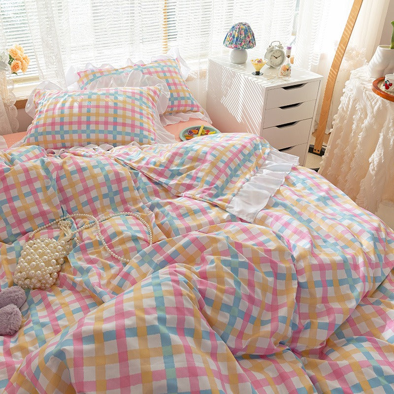 Funda cubre plumón + sabana + cubre almohada “Cuadraditos Pastel”. Microfibra, 1,5 y  2 Plazas