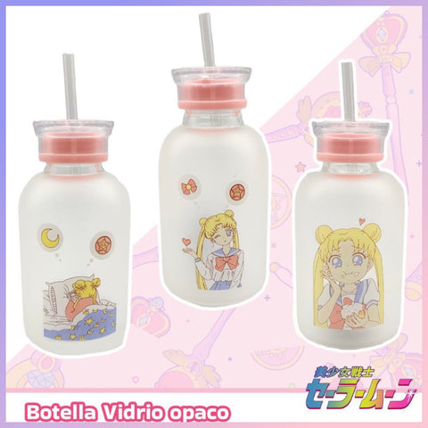 Botella de vidrio Opaco “Sailor Moon”, doble tapa + bombilla, 500ml. Apta para líquidos calientes y fríos