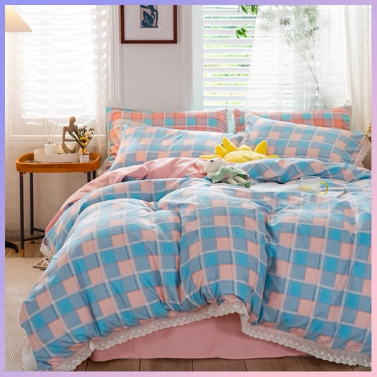 Funda cubre plumón + sabana + cubre almohada “Cuadraditos Rosados y Celestes”. Microfibra, 1,5 y  2 Plazas