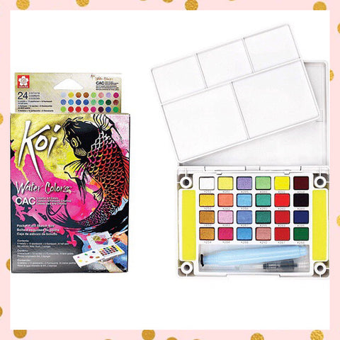 Acuarelas Koi 24 colores (4 metalizados-12 perlados-8 fluorescente) + pincel de agua - Sakura