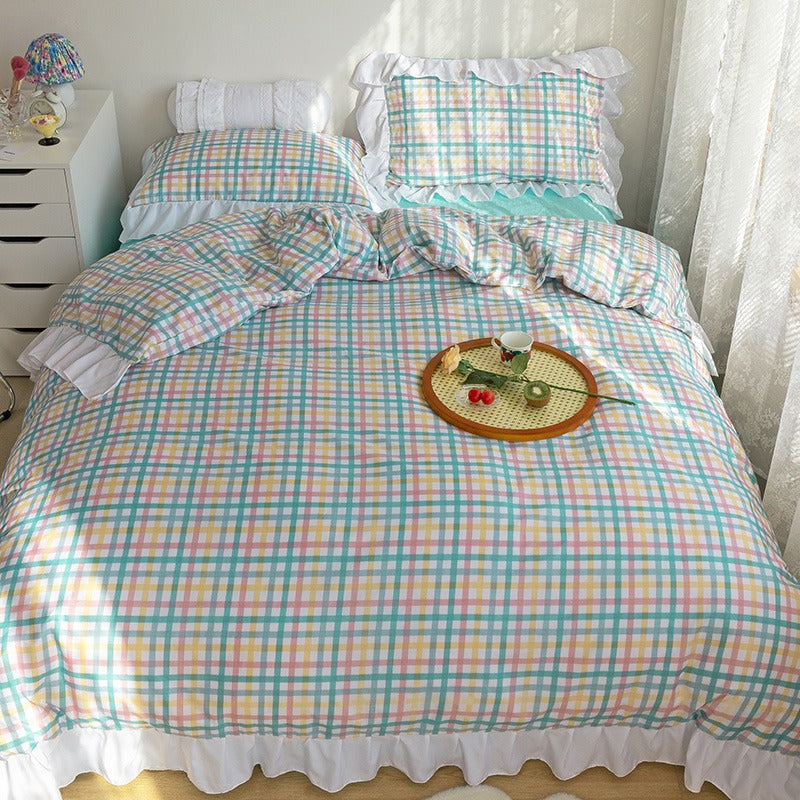 Funda cubre plumón + 1 sabana Inferior + cubre almohada “Cuadritos Tonos Verdes”. Microfibra, 1,5 y 2 Plazas